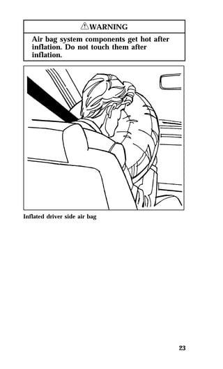 23 
RWARNING 
Air bag system components get hot after 
inflation. Do not touch them after 
inflation. 
Inflated driver side air bag 
 