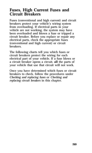 Fuses, High Current Fuses and 
Circuit Breakers 
Fuses (conventional and high current) and circuit 
breakers protect your vehicle’s wiring system 
from overloading. If electrical parts in your 
vehicle are not working, the system may have 
been overloaded and blown a fuse or tripped a 
circuit breaker. Before you replace or repair any 
electrical parts, check the appropriate fuses 
(conventional and high current) or circuit 
breakers. 
The following charts tell you which fuses or 
circuit breakers protect the wiring for each 
electrical part of your vehicle. If a fuse blows or 
a circuit breaker opens a circuit, all the parts of 
your vehicle that use that circuit will not work. 
Once you have determined which fuses or circuit 
breakers to check, follow the procedures under 
Checking and replacing fuses or Checking and 
replacing circuit breakers in this chapter. 
269 
 