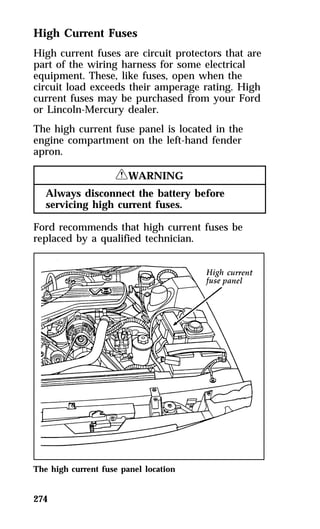 High Current Fuses 
High current fuses are circuit protectors that are 
part of the wiring harness for some electrical 
equipment. These, like fuses, open when the 
circuit load exceeds their amperage rating. High 
current fuses may be purchased from your Ford 
or Lincoln-Mercury dealer. 
The high current fuse panel is located in the 
engine compartment on the left-hand fender 
apron. 
274 
RWARNING 
Always disconnect the battery before 
servicing high current fuses. 
Ford recommends that high current fuses be 
replaced by a qualified technician. 
The high current fuse panel location 
 