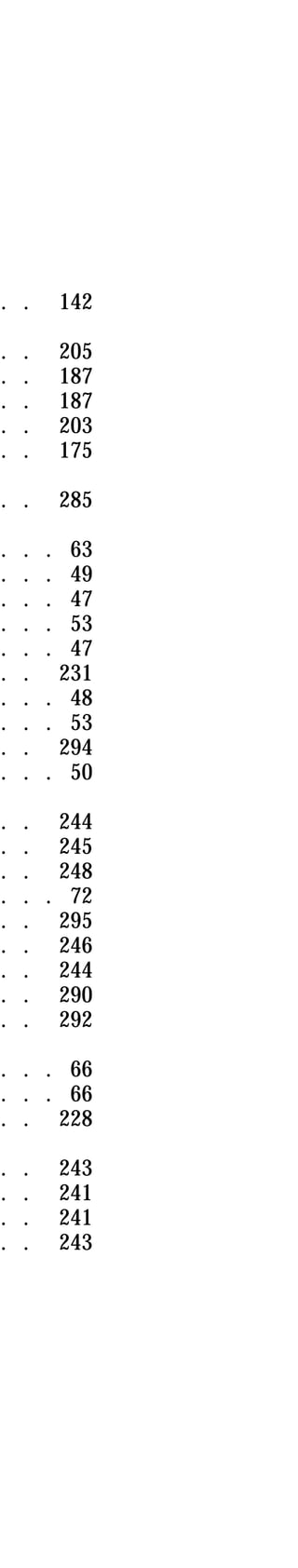 . . 142 
. . 205 
. . 187 
. . 187 
. . 203 
. . 175 
. . 285 
. . . 63 
. . . 49 
. . . 47 
. . . 53 
. . . 47 
. . 231 
. . . 48 
. . . 53 
. . 294 
. . . 50 
. . 244 
. . 245 
. . 248 
. . . 72 
. . 295 
. . 246 
. . 244 
. . 290 
. . 292 
. . . 66 
. . . 66 
. . 228 
. . 243 
. . 241 
. . 241 
. . 243 
 