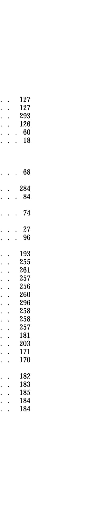 . . 127 
. . 127 
. . 293 
. . 126 
. . . 60 
. . . 18 
. . . 68 
. . 284 
. . . 84 
. . . 74 
. . . 27 
. . . 96 
. . 193 
. . 255 
. . 261 
. . 257 
. . 256 
. . 260 
. . 296 
. . 258 
. . 258 
. . 257 
. . 181 
. . 203 
. . 171 
. . 170 
. . 182 
. . 183 
. . 185 
. . 184 
. . 184 
 