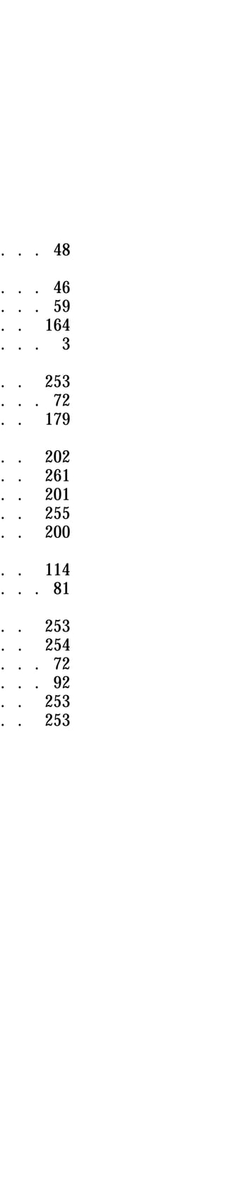 . . . 48 
. . . 46 
. . . 59 
. . 164 
. . . 3 
. . 253 
. . . 72 
. . 179 
. . 202 
. . 261 
. . 201 
. . 255 
. . 200 
. . 114 
. . . 81 
. . 253 
. . 254 
. . . 72 
. . . 92 
. . 253 
. . 253 
 