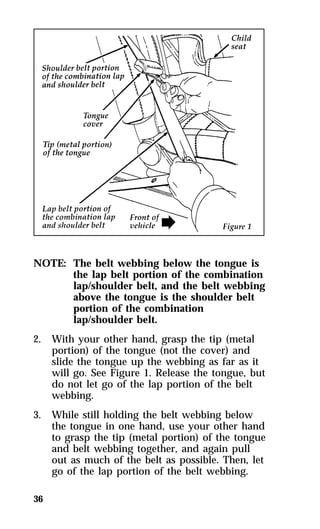 NOTE: The belt webbing below the tongue is 
36 
the lap belt portion of the combination 
lap/shoulder belt, and the belt webbing 
above the tongue is the shoulder belt 
portion of the combination 
lap/shoulder belt. 
2. With your other hand, grasp the tip (metal 
portion) of the tongue (not the cover) and 
slide the tongue up the webbing as far as it 
will go. See Figure 1. Release the tongue, but 
do not let go of the lap portion of the belt 
webbing. 
3. While still holding the belt webbing below 
the tongue in one hand, use your other hand 
to grasp the tip (metal portion) of the tongue 
and belt webbing together, and again pull 
out as much of the belt as possible. Then, let 
go of the lap portion of the belt webbing. 
 