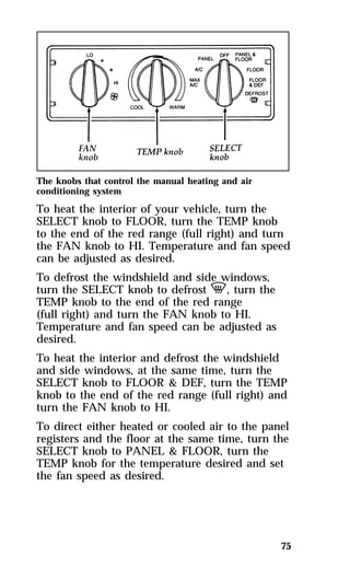 The knobs that control the manual heating and air 
conditioning system 
To heat the interior of your vehicle, turn the 
SELECT knob to FLOOR, turn the TEMP knob 
to the end of the red range (full right) and turn 
the FAN knob to HI. Temperature and fan speed 
can be adjusted as desired. 
To defrost the windshield and side windows, 
turn the SELECT knob to defrost V, turn the 
TEMP knob to the end of the red range 
(full right) and turn the FAN knob to HI. 
Temperature and fan speed can be adjusted as 
desired. 
To heat the interior and defrost the windshield 
and side windows, at the same time, turn the 
SELECT knob to FLOOR & DEF, turn the TEMP 
knob to the end of the red range (full right) and 
turn the FAN knob to HI. 
To direct either heated or cooled air to the panel 
registers and the floor at the same time, turn the 
SELECT knob to PANEL & FLOOR, turn the 
TEMP knob for the temperature desired and set 
the fan speed as desired. 
75 
 