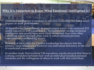Why it is Important to Know What Emotional Intelligence is?
• Emotional intelligence is essential in effective leadership and has a direct
impact on work performance.
• At Egon Zehner International, an employment search firm, analyzed 515
senior executives and found that the executives with strong emotional
intelligence test results were more likely to succeed than were other
executives whose strength areas were in either relevant previous
experience or traditional IQ scores.
• Research at the Center for Creative Leadership has shown that the
primary cause of executive turnover was individual deficiency in the area
of emotional competence.
• In another study that involved 130 executives, results showed that there is
a strong correlation between how well an individual handled personal
emotions and the willingness of others to work with that individual.
 