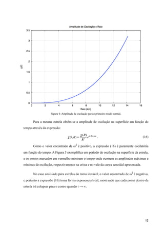 !
!
!
!
!
!
!
!
!
Figura 4: Amplitude de oscilação para o primeiro modo normal.
Para a mesma estrela obtêm-se a amplitude de oscilação na superfície em função do
tempo através da expressão:
. (16)
Como o valor encontrado de ω2
é positivo, a expressão (16) é puramente oscilatória
em função do tempo. A Figura 5 exemplifica um período de oscilação na superfície da estrela,
e os pontos marcados em vermelho mostram o tempo onde ocorrem as amplitudes máximas e
mínimas de oscilação, respectivamente na crista e no vale da curva senoidal apresentada.
No caso analisado para estrelas do ramo instável, o valor encontrado de ω2
é negativo,
e portanto a expressão (16) toma forma exponencial real, mostrando que cada ponto dentro da
estrela irá colapsar para o centro quando t → ∞.
!
!
!13
χ(t,R) =
χ(R)
R2
eφ(R)+iωt
 