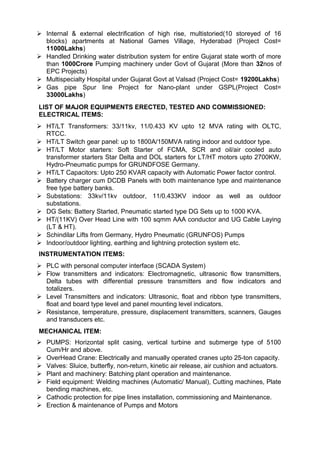  Internal & external electrification of high rise, multistoried(10 storeyed of 16
blocks) apartments at National Games Village, Hyderabad (Project Cost=
11000Lakhs)
 Handled Drinking water distribution system for entire Gujarat state worth of more
than 1000Crore Pumping machinery under Govt of Gujarat (More than 32nos of
EPC Projects)
 Multispecialty Hospital under Gujarat Govt at Valsad (Project Cost= 19200Lakhs)
 Gas pipe Spur line Project for Nano-plant under GSPL(Project Cost=
33000Lakhs)
LIST OF MAJOR EQUIPMENTS ERECTED, TESTED AND COMMISSIONED:
ELECTRICAL ITEMS:
 HT/LT Transformers: 33/11kv, 11/0.433 KV upto 12 MVA rating with OLTC,
RTCC.
 HT/LT Switch gear panel: up to 1800A/150MVA rating indoor and outdoor type.
 HT/LT Motor starters: Soft Starter of FCMA, SCR and oil/air cooled auto
transformer starters Star Delta and DOL starters for LT/HT motors upto 2700KW,
Hydro-Pneumatic pumps for GRUNDFOSE Germany.
 HT/LT Capacitors: Upto 250 KVAR capacity with Automatic Power factor control.
 Battery charger cum DCDB Panels with both maintenance type and maintenance
free type battery banks.
 Substations: 33kv/11kv outdoor, 11/0.433KV indoor as well as outdoor
substations.
 DG Sets: Battery Started, Pneumatic started type DG Sets up to 1000 KVA.
 HT/(11KV) Over Head Line with 100 sqmm AAA conductor and UG Cable Laying
(LT & HT).
 Schindilar Lifts from Germany, Hydro Pneumatic (GRUNFOS) Pumps
 Indoor/outdoor lighting, earthing and lightning protection system etc.
INSTRUMENTATION ITEMS:
 PLC with personal computer interface (SCADA System)
 Flow transmitters and indicators: Electromagnetic, ultrasonic flow transmitters,
Delta tubes with differential pressure transmitters and flow indicators and
totalizers.
 Level Transmitters and indicators: Ultrasonic, float and ribbon type transmitters,
float and board type level and panel mounting level indicators.
 Resistance, temperature, pressure, displacement transmitters, scanners, Gauges
and transducers etc.
MECHANICAL ITEM:
 PUMPS: Horizontal split casing, vertical turbine and submerge type of 5100
Cum/Hr and above.
 OverHead Crane: Electrically and manually operated cranes upto 25-ton capacity.
 Valves: Sluice, butterfly, non-return, kinetic air release, air cushion and actuators.
 Plant and machinery: Batching plant operation and maintenance.
 Field equipment: Welding machines (Automatic/ Manual), Cutting machines, Plate
bending machines, etc.
 Cathodic protection for pipe lines installation, commissioning and Maintenance.
 Erection & maintenance of Pumps and Motors
 
