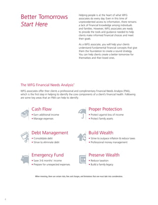 4
When investing, there are certain risks, fees and charges, and limitations that one must take into consideration.
The WFG Financial Needs Analysis7
WFG associates offer their clients a professional and complimentary Financial Needs Analysis (FNA),
which is the first step in helping to identify the core components of a client’s financial health. Following
are some key areas that an FNA can help to identify:
Helping people is at the heart of what WFG
associates do every day. Even in this time of
unprecedented access to information, there remains
a lack of financial knowledge among individuals
and families. However, WFG associates are ready
to provide the tools and guidance needed to help
clients make informed financial choices and meet
their goals.
As a WFG associate, you will help your clients
understand fundamental financial concepts that give
them the foundation to create a sound strategy.
You can help clients create a better tomorrow for
themselves and their loved ones.
Better Tomorrows
Start Here
Build Wealth
• Strive to outpace inflation  reduce taxes
• Professional money management
Proper Protection
• Protect against loss of income
• Protect family assets
Debt Management
• Consolidate debt
• Strive to eliminate debt
Emergency Fund
• Save 3-6 months’ income
• Prepare for unexpected expenses
Cash Flow
• Earn additional income
• Manage expenses
Preserve Wealth
• Reduce taxation
• Build a family legacy
When investing, there are certain risks, fees and charges, and limitations that one must take into consideration.
 