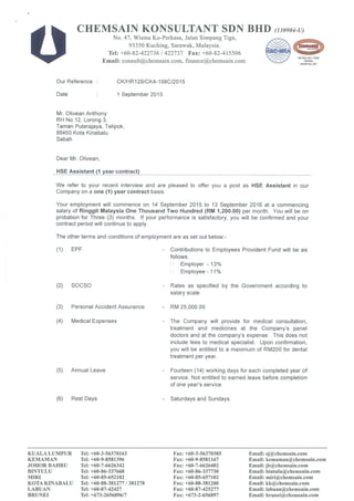 [Letter of Offer] Chemsain Konsultant Sdn. Bhd. - HSE Assistant