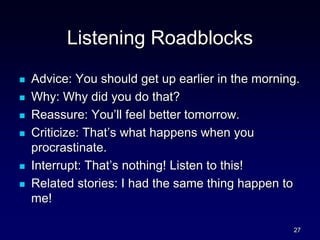 Listening Roadblocks
 Advice: You should get up earlier in the morning.
 Why: Why did you do that?
 Reassure: You’ll feel better tomorrow.
 Criticize: That’s what happens when you
procrastinate.
 Interrupt: That’s nothing! Listen to this!
 Related stories: I had the same thing happen to
me!
27
 