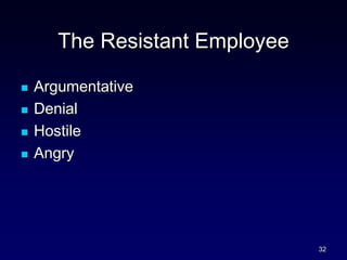 The Resistant Employee
 Argumentative
 Denial
 Hostile
 Angry
32
 