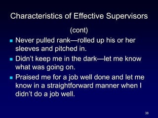 Characteristics of Effective Supervisors
(cont)
 Never pulled rank—rolled up his or her
sleeves and pitched in.
 Didn’t keep me in the dark—let me know
what was going on.
 Praised me for a job well done and let me
know in a straightforward manner when I
didn’t do a job well.
38
 