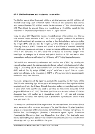4.2.2 Biofilm biomass and taxonomic composition
The biofilm was scrubbed from each cobble or artificial substrate into 200 millilitres of
distilled water using a soft toothbrush within 48 hours of field collection. Sub-samples
were removed from the 200 millilitre residue for determination of Chl-a (filtered through a
GFF 75µm filter), the amount filtered was recorded and a 10 millilitre sample for the
assessment of taxonomic composition was stored in Lugols solution.
Using pre-ashed GFF 75µm filter papers a recorded amount of the solution was filtered,
each biomass sample was dried at 80°C for 24 hours, weighed, combusted for 4 hours at
500°C and reweighed. All samples were weighed to four decimal places and converted to
dry weight (DW) and ash free dry weight (AFDW). Chlorophyll-a was determined
following Tett et al. (1975). Samples were placed in 8 millilitres of methanol containing
150 milligrams magnesium carbonate to prevent premature acidification, extracted for 18
hours at 4°C, transferred to a 70°C water bath and boiled for 2 minutes. Samples were
centrifuged at 4500rpm for 3 minutes and optical densities at 750 and 666λm were
measured pre- and post-acidification (1M HCl) using a UV/Visible Spectrophotometer.
Each cobble was measured for colonisable rock surface area (CRSA) by covering the
exposed surface area of the rock (excluding the buried surface) with aluminium foil (after
Doeg & Lake 1981). CRSA measurements were used to standardise biofilm dry weight
(DW) and ash free dry weight (AFDW) to g/m2
and Chl-a to mg/m2
. Percent organic
matter was calculated as the proportion of AFDW to DW and converted to a percentage to
standardise across sites and dates.
Taxonomic composition of the algae was estimated by calculating the biovolume of the
first 750 cells counted by light microscopy at 400x magnification of three replicate biofilm
samples from all sites for all dates. The cell dimensions and approximated geometric shape
of each taxon were recorded and used to calculate the biovolumes using the biovol
program (Hillebrand et al. 1999). Biovolume provides a more accurate estimate of relative
abundance than cell number as it standardises results by cell size and removes
complications associated with species such as filamentous Cyanobacteria which do not
have individual cells.
Taxonomy was confirmed at 1000x magnification for some specimens. Biovolume of each
taxon was converted to a relative percentage of the total biovolume. Relative biovolume
gives a good assessment of broad taxonomic shifts in biomass. The algae were grouped by
division into Bacillariophytes (diatoms), Chlorophytes (green algae), filamentous
Cyanobacteria (blue-green algae) and Rhodophytes (red algae). The algal cells were
mainly identified to genus. Species were named where sufficient detail was available from
microscopy, and keys were available for the genus.
INSTITUTE FOR LAND WATER AND SOCIETY - CHARLES STURT UNIVERSITY 12
 