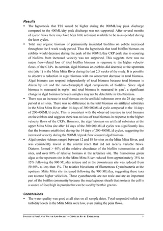 Results
The hypothesis that TSS would be higher during the 900ML/day peak discharge
compared to the 400ML/day peak discharge was not supported. After several months
of cyclic flows there may have been little sediment available to be re-suspended during
the later cycles.
Total and organic biomass of permanently inundated biofilms on cobble increased
throughout the 4 week study period. Thus the hypothesis that total biofilm biomass on
cobbles would decrease during the peak of the 900ML/day CRP peak due to scouring
of biofilms from increased velocity was not supported. This suggests there was no
major flow-related loss of total biofilm biomass in response to the higher velocity
flows of the CRPs. In contrast, algal biomass on cobbles did decrease at the upstream
site (site 1) in the Mitta Mitta River during the last 2.5 weeks of the study. It is possible
to observe a reduction in algal biomass with no concurrent decrease in total biomass.
Algal biomass can respond independently of total biomass because total biomass is
driven by silt and the non-chlorophyll algal components of biofilms. Since algal
biomass is measured in mg/m2
and total biomass is measured in g/m2
, a significant
change in algal biomass between samples may not be detectable in total biomass.
There was an increase in total biomass on the artificial substrates over the 28 day study
period at all sites. There was no difference in the total biomass on artificial substrates
in the Mitta Mitta River after 14 days of 300-900ML/d cycle compared to the 14 days
of 200-400ML/d cycle. This is consistent with the observed increase in total biomass
on the cobbles and suggests there was no loss of total biomass in response to the higher
velocity flows of the CRPs. However, the algal biomass on artificial substrates at the
upper Mitta Mitta site after 14 days of the 300-900 ML/d cycles was significantly less
that the biomass established during the 14 days of 200-400ML/d cycles, suggesting the
increased velocity during the 900ML/d peak flow scoured algal biomass.
Algal species richness ranged between 12 and 18 for sites on the Mitta Mitta River, and
was consistently lowest at the control reach that did not receive variable flows.
Diatoms formed > 40% of the relative abundance of the biofilm communities at all
sites, and over 80% of relative biomass at the reference site. The filamentous green
algae at the upstream site in the Mitta Mitta River reduced from approximately 35% to
15% following the 900 ML/day release and at the downstream site was reduced from
50-60% to less than 1%. The relative biovolume of filamentous Cyanobacteria at the
upstream Mitta Mitta site increased following the 900 ML/day, suggesting these taxa
can tolerate higher velocities. These cyanobacteria are not toxic and are an important
part of the biofilm community because the mucilaginous sheath that protects the cell is
a source of food high in protein that can be used by benthic grazers.
Conclusions
The water quality was good at all sites on all sample dates. Total suspended solids and
turbidity levels in the Mitta Mitta were low, even during the peak flows.
INSTITUTE FOR LAND WATER AND SOCIETY - CHARLES STURT UNIVERSITY v
 