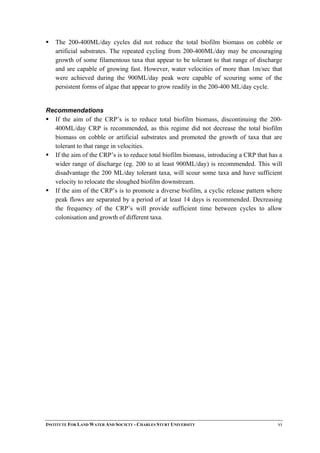 The 200-400ML/day cycles did not reduce the total biofilm biomass on cobble or
artificial substrates. The repeated cycling from 200-400ML/day may be encouraging
growth of some filamentous taxa that appear to be tolerant to that range of discharge
and are capable of growing fast. However, water velocities of more than 1m/sec that
were achieved during the 900ML/day peak were capable of scouring some of the
persistent forms of algae that appear to grow readily in the 200-400 ML/day cycle.
Recommendations
If the aim of the CRP’s is to reduce total biofilm biomass, discontinuing the 200-
400ML/day CRP is recommended, as this regime did not decrease the total biofilm
biomass on cobble or artificial substrates and promoted the growth of taxa that are
tolerant to that range in velocities.
If the aim of the CRP’s is to reduce total biofilm biomass, introducing a CRP that has a
wider range of discharge (eg. 200 to at least 900ML/day) is recommended. This will
disadvantage the 200 ML/day tolerant taxa, will scour some taxa and have sufficient
velocity to relocate the sloughed biofilm downstream.
If the aim of the CRP’s is to promote a diverse biofilm, a cyclic release pattern where
peak flows are separated by a period of at least 14 days is recommended. Decreasing
the frequency of the CRP’s will provide sufficient time between cycles to allow
colonisation and growth of different taxa.
INSTITUTE FOR LAND WATER AND SOCIETY - CHARLES STURT UNIVERSITY vi
 