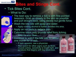 Bites and Stings Cont.
• Tick Bites Cont.
– What to Do:
• The best way to remove a tick is with fine-pointed
tweezers. Grab as closely to the skin as possible
and pull straight back, using steady but gentle force.
• Wash the bite site with soap and water.
– Apply rubbing alcohol to further disinfect the area.
• Apply an ice pack to reduce pain.
• Calamine lotion may provide relief from itching.
– Keep the area clean.
• Continue to watch the bite site for about
one month for a rash.
– If rash appears, see a physician.
– Also watch for other signs such as fever,
muscle aches, sensitivity to bright light, and
paralysis that begins with leg weakness.
Muhammad Hassam Ahmad (SHEQ Dept.)
 
