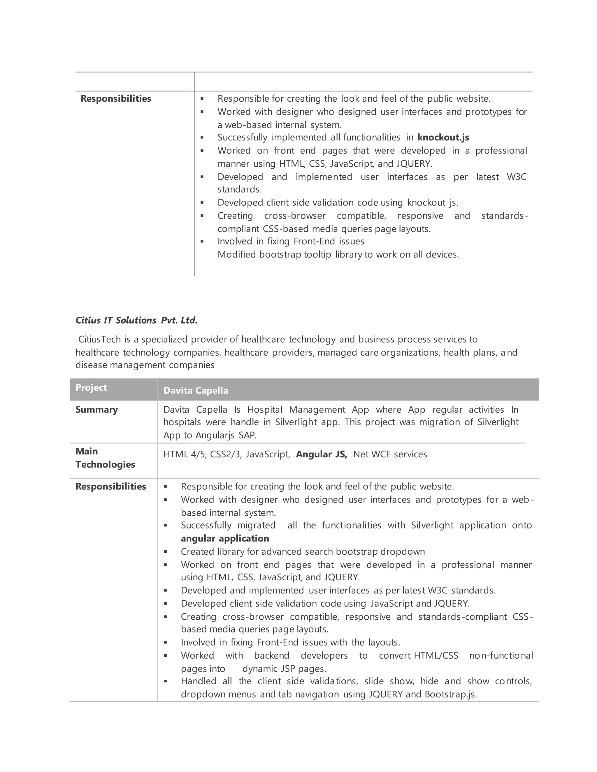Responsibilities  Responsible for creating the look and feel of the public website.
 Worked with designer who designed user interfaces and prototypes for
a web-based internal system.
 Successfully implemented all functionalities in knockout.js
 Worked on front end pages that were developed in a professional
manner using HTML, CSS, JavaScript, and JQUERY.
 Developed and implemented user interfaces as per latest W3C
standards.
 Developed client side validation code using knockout js.
 Creating cross-browser compatible, responsive and standards-
compliant CSS-based media queries page layouts.
 Involved in fixing Front-End issues
Modified bootstrap tooltip library to work on all devices.
Citius IT Solutions Pvt. Ltd.
CitiusTech is a specialized provider of healthcare technology and business process services to
healthcare technology companies, healthcare providers, managed care organizations, health plans, and
disease management companies
Project Davita Capella
Summary Davita Capella Is Hospital Management App where App regular activities In
hospitals were handle in Silverlight app. This project was migration of Silverlight
App to Angularjs SAP.
Main
Technologies
HTML 4/5, CSS2/3, JavaScript, Angular JS, .Net WCF services
Responsibilities  Responsible for creating the look and feel of the public website.
 Worked with designer who designed user interfaces and prototypes for a web-
based internal system.
 Successfully migrated all the functionalities with Silverlight application onto
angular application
 Created library for advanced search bootstrap dropdown
 Worked on front end pages that were developed in a professional manner
using HTML, CSS, JavaScript, and JQUERY.
 Developed and implemented user interfaces as per latest W3C standards.
 Developed client side validation code using JavaScript and JQUERY.
 Creating cross-browser compatible, responsive and standards-compliant CSS-
based media queries page layouts.
 Involved in fixing Front-End issues with the layouts.
 Worked with backend developers to convert HTML/CSS non-functional
pages into dynamic JSP pages.
 Handled all the client side validations, slide show, hide and show controls,
dropdown menus and tab navigation using JQUERY and Bootstrap.js.
 