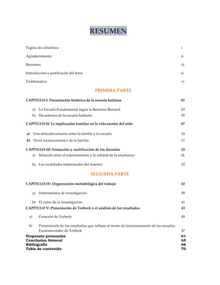 RESUMEN
Pagina de cobiertura i
Agradecimiento ii
Resumen iii
Introducción y justificacón del tema iv
Problematica vi
PRIMERA PARTE
CAPITULO I: Presentación histórica de la escuela haitiana 01
a) La Escuela Fundamental según la Reforma Bernard 03
b) Decadencia de la escuela haitiana 05
CAPÍTULO II: La implicación familiar en la vida escolar del niño 07
a) Una delicada relación entre la familia y la escuela 10
b) Nivel socioeconómico de la familia 17
CAPÍTULO III: Formación y cualificación de los docentes 23
a) Relación entre el entrenamiento y la calidad de la enseñanza 24
b) Las cualidades intelectuales del maestro 32
SEGUNDA PARTE
CAPÍTULO IV: Organización metodológica del trabajo 42
a) Instrumentos de investigación 39
b) El curso de la investigación 41
CAPÍTULO V: Presentación de Torbeck y el análisis de los resultados 43
a) Creación de Torbeck 44
b) Presentación de los resultados que reflejan el modo de funcionamiento de las escuelas
Fundamentales de Torbeck 47
Propuesta personales 61
Conclusion General 65
Bibliografia 66
Tabla de contenido 70
 