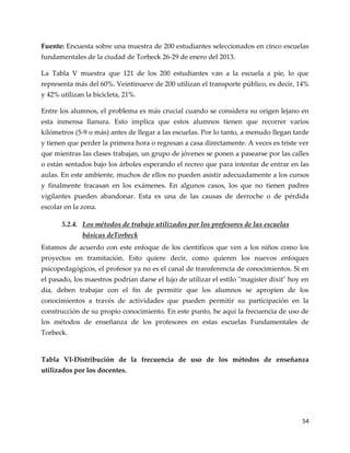 54
Fuente: Encuesta sobre una muestra de 200 estudiantes seleccionados en cinco escuelas
fundamentales de la ciudad de Torbeck 26-29 de enero del 2013.
La Tabla V muestra que 121 de los 200 estudiantes van a la escuela a pie, lo que
representa más del 60%. Veintinueve de 200 utilizan el transporte público, es decir, 14%
y 42% utilizan la bicicleta, 21%.
Entre los alumnos, el problema es más crucial cuando se considera su origen lejano en
esta inmensa llanura. Esto implica que estos alumnos tienen que recorrer varios
kilómetros (5-9 o más) antes de llegar a las escuelas. Por lo tanto, a menudo llegan tarde
y tienen que perder la primera hora o regresan a casa directamente. A veces es triste ver
que mientras las clases trabajan, un grupo de jóvenes se ponen a pasearse por las calles
o están sentados bajo los árboles esperando el recreo que para intentar de entrar en las
aulas. En este ambiente, muchos de ellos no pueden asistir adecuadamente a los cursos
y finalmente fracasan en los exámenes. En algunos casos, los que no tienen padres
vigilantes pueden abandonar. Esta es una de las causas de derroche o de pérdida
escolar en la zona.
5.2.4. Los métodos de trabajo utilizados por los profesores de las escuelas
básicas deTorbeck
Estamos de acuerdo con este enfoque de los científicos que ven a los niños como los
proyectos en tramitación. Esto quiere decir, como quieren los nuevos enfoques
psicopedagógicos, el profesor ya no es el canal de transferencia de conocimientos. Si en
el pasado, los maestros podrían darse el lujo de utilizar el estilo "magister dixit" hoy en
día, deben trabajar con el fin de permitir que los alumnos se apropien de los
conocimientos a través de actividades que pueden permitir su participación en la
construcción de su propio conocimiento. En este punto, he aquí la frecuencia de uso de
los métodos de enseñanza de los profesores en estas escuelas Fundamentales de
Torbeck.
Tabla VI-Distribución de la frecuencia de uso de los métodos de enseñanza
utilizados por los docentes.
 