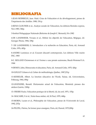 67
BIBLIOGRAFIA
1-JEAN RODRIGUE, Jean. Haití. Crise de l’éducation et du développement, presse de
l’imprimerie des Antilles. 1988, 154 p.
2-RENE CLOUTIER et al., Analyse sociale de l’éducation, les éditions Boréales express,
Nov.1983, 346p.
3-Institut Pédagogique Nationale (Reforme de Joseph C. Bernard), Fév.1982
6-DE LANDSHEER, Viviane et al., Définir les objectifs de l’éducation, Belgique, éd.
Georges Thone, 1984, 338p
7- DE LANDSHEER, G. Introduction a la recherche en Education, Paris, éd, Armand
Colin, 1976, 402p
8-ANDRE Lumineux et al, Courant éducatif contemporain, Les éditions Ville mairie
INC, 1983
8-C. ROLAND Christensen et al. Former a une pensée autonome, Boeck-Wemmel S.A.
1944
9-DEWEY, John, Démocratie et éducation, Paris, éd. Armand Colin, 1975, 426p
10-GOULET Liliane et al, Cahier de méthodologie, Québec, 1987,231p
11-KESSELER, Albert. La fonction éducative de l’Ecole, Suisse, éd, Universitaires,
Fribourg, 1964, 496p
12-LEGENDRE, Renald. Dictionnaire actuel de l’éducation, Montréal, presses des
ateliers Guérin, 1500p
13- FREIRE Paulo, l’éducation pratique de la liberté, éd, du cerf, 1971, 155p.
14- MACAIRE, F.et al., Notre beau métier, éd, St Paul, 1979, 448p.
15-MORIN, Lucien et al., Philosophie de l’éducation, presse de l’Université de Laval,
1992, 237p
16-PELPEL, Patrice, Se former pour enseigner, Paris, éd, Dunod, 1973,200p
 
