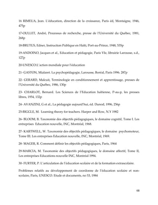 68
16 RIMEUA, Jean. L’éducation, direction de la croissance, Paris éd, Montaigne, 1946,
475p
17-OULLET, André, Processus de recherche, presse de l’Université du Québec, 1981,
268p
18-BRUTUS, Edner, Instruction Publique en Haïti, Port-au-Prince, 1948, 535p
19-ANDOINO, Jacques et al., Education et pédagogie, Paris VIe, librairie Larousse, s.d.,
127p
20-UNESCO.L’action mondiale pour l’éducation
21- GASTON, Mialaret. La psychopédagogie, Larousse, Boréal, Paris 1996. 287p
22- GERARD, Malcuit, Terminologie en conditionnement et apprentissage, presses de
l’Université du Québec, 1986, 130p
23- CHARLOT, Bernard. Les Sciences de l’Education haïtienne, P-au-p, les presses
libres, 1954, 132p
24- AVANZINI, G et al., La pédagogie aujourd’hui, éd. Dunod, 1996, 256p
25-BIGGLE, M. Learning theory for teachers. Harper and Row, N.Y 1982
26- BLOOM, B. Taxonomie des objectifs pédagogiques, le domaine cognitif, Tome I. Les
entreprises Education nouvelle, INC, Montréal, 1968.
27- KARTWELL, W. Taxonomie des objectifs pédagogiques, le domaine psychomoteur,
Tome III. Les entreprises Education nouvelle, INC, Montréal, 1969.
28- MAGER, R. Comment définir les objectifs pédagogiques, Paris, 1964
29-MARCIA, M. Taxonomie des objectifs pédagogiques, le domaine affectif, Tome II,
Les entreprises Educations nouvelle INC, Montréal 1994.
30- FURTER, P. L’articulation de l’éducation scolaire et de la formation extrascolaire.
Problèmes relatifs au développement de coordonne de l’éducation scolaire et non-
scolaire, Paris, UNESCO. Etude et documents, no 53, 1984
 