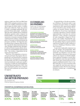 19 de setembro de 2011, época > 109
máticas,criado com a PwC em 2008.Entre
2008 e 2010,a pesquisa mostrou as compa-
nhias com o melhor controle de suas emis-
sões de gases do efeito estufa e o melhor
plano para reduzi-las. Neste ano, passou
a avaliar a estratégia ambiental das em-
presas de forma mais ampla – analisando,
além das ações voltadas para as mudanças
climáticas, questões como o impacto na
biodiversidade, o uso de matérias-primas
renováveis,o consumo consciente da água,
a destinação dos resíduos,a eﬁciência ener-
gética e a inovação no desenvolvimento de
processos e produtos.“Ao longo dos anos,
percebemos que as empresas,além de abor-
dar a questão do clima, demonstravam ter
uma estratégia ambiental mais abrangen-
te”,aﬁrma Ernesto Cavasin,diretor em so-
luções em sustentabilidade empresarial da
PwC. “Isso revelou a importância de dar
espaço para esses temas.”
Neste ano, 120 companhias se inscreve-
ram para participar da pesquisa. Elas res-
ponderam a um questionário composto
de dois blocos de perguntas. O primeiro
foi elaborado com base na metodologia
internacionalmente usada para medir e
comunicar os dados de sustentabilidade,
a Global Reporting Initiative (GRI). Essa
parte da pesquisa avalia como a empresa
lida com meio ambiente em várias áreas
do negócio.
O segundo bloco é focado em mudan-
ças climáticas. Ele procura saber o que
a empresa faz para reduzir as emissões
responsáveis pelo aquecimento global.
E suas iniciativas para envolver forne-
cedores ou mesmo clientes. Empresas
da indústria e de serviços responderam
a questões especíﬁcas e foram avaliadas
separadamente. Com base em critérios
objetivos, a PwC calculou a pontuação
de cada companhia e chegou às 20 em-
presas com melhor desempenho am-
biental. A partir dessas 20, um conselho
de especialistas elegeu os quatro prêmios
especiais de Empresa Verde (indústria e
serviços) e Mudanças Climáticas (indús-
tria e serviços).
A ação mais citada pelas empresas é na
área de energia. Das pesquisadas, 88%
dizem que ﬁzeram investimentos para
aumentar sua eﬁciência. Cerca de 74%
das companhias aﬁrmam ter metas para
reduzir seu impacto na biodiversidade.
Essas empresas enxergam os atuais desa-
ﬁos ambientais como uma oportunidade:
84% dizem que criaram processos com
impacto ambiental positivo. Esse é o me-
lhor indicador. Se a nova economia verde
não surgirá de uma hora para outra, as
experiências dessa elite do setor privado
brasileiro revelam que a transformação
já começou. u
Os números do
Prêmio Época Empresa Verde
Realizar
iniciativas
para mitigar
o impacto
ambiental
dos processos
100%
Realizar ações
voluntárias
de proteção
ambiental
78%
Reduzir o
consumo de
recursos não
renováveis
100%
Ter metas
para
gestão dos
impactos na
biodiversidade
74%
Realizar
melhorias na
conservação
e eficiência
de energia
88%
Reciclar e
reusar a água
73%
Ter criado
processos
com impacto
ambiental
positivo
84%
Realizar
investimentos
para minimizar
os impactos
da mudança
climática
46%
porcentUAl de empresAs qUe relAtAm…
setores
Indústria Serviços
57% 43%
Um retrAto
do setor privAdo
José RobeRto MaRinho
Presidente da Fundação Roberto
Marinho e vice-presidente de relações
institucionais e de responsabilidade
social das Organizações Globo
José augusto FeRnandes
Diretor executivo da Confederação
Nacional da Indústria
Luiz gyLvan
Professor do Instituto
de Estudos Avançados da USP
MaRk LundeLL
Coordenador de operações
setoriais para o desenvolvimento
sustentável do Banco Mundial
RacheL bideRMan
Consultora sênior do World
Resources Institute no Brasil
o conselho
do prêmio
Quem são os especialistas
que ajudaram a apontar
as empresas premiadas
EP696p108_109.indd 109 14/09/2011 18:16:35
 