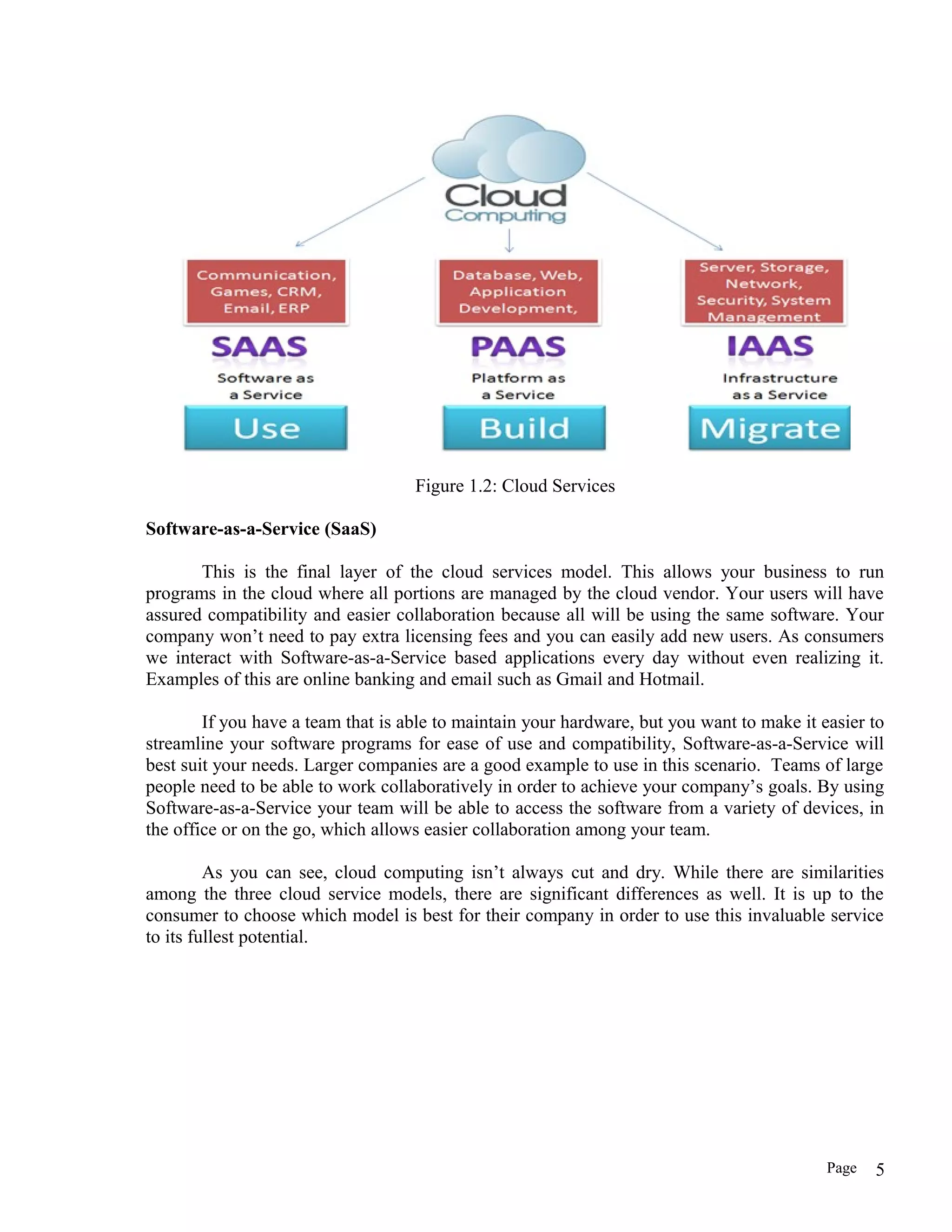 Figure 1.2: Cloud Services
Software-as-a-Service (SaaS)
This is the final layer of the cloud services model. This allows your business to run
programs in the cloud where all portions are managed by the cloud vendor. Your users will have
assured compatibility and easier collaboration because all will be using the same software. Your
company won’t need to pay extra licensing fees and you can easily add new users. As consumers
we interact with Software-as-a-Service based applications every day without even realizing it.
Examples of this are online banking and email such as Gmail and Hotmail.
If you have a team that is able to maintain your hardware, but you want to make it easier to
streamline your software programs for ease of use and compatibility, Software-as-a-Service will
best suit your needs. Larger companies are a good example to use in this scenario. Teams of large
people need to be able to work collaboratively in order to achieve your company’s goals. By using
Software-as-a-Service your team will be able to access the software from a variety of devices, in
the office or on the go, which allows easier collaboration among your team.
As you can see, cloud computing isn’t always cut and dry. While there are similarities
among the three cloud service models, there are significant differences as well. It is up to the
consumer to choose which model is best for their company in order to use this invaluable service
to its fullest potential.
Page 5
 