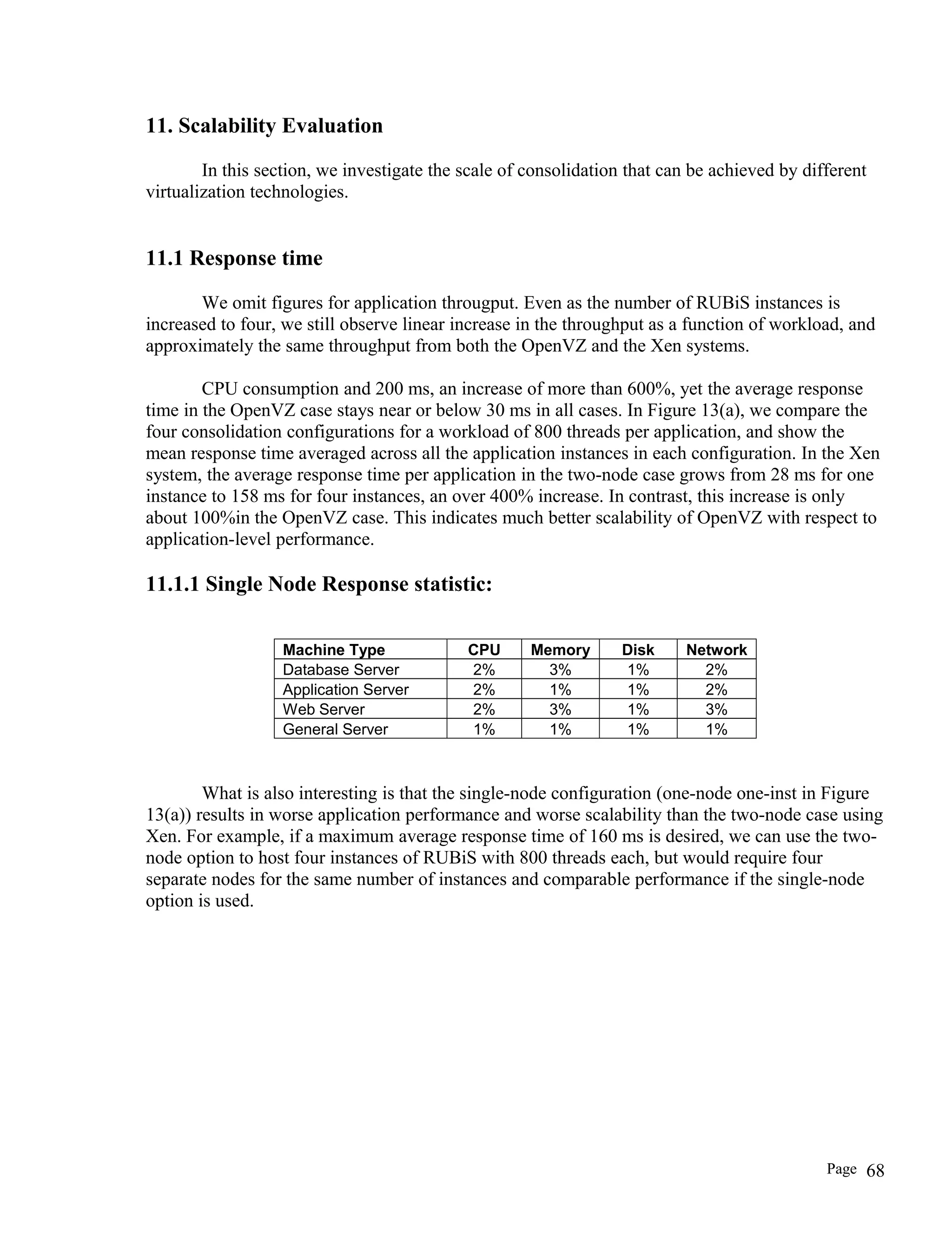 11. Scalability Evaluation
In this section, we investigate the scale of consolidation that can be achieved by different
virtualization technologies.
11.1 Response time
We omit figures for application througput. Even as the number of RUBiS instances is
increased to four, we still observe linear increase in the throughput as a function of workload, and
approximately the same throughput from both the OpenVZ and the Xen systems.
CPU consumption and 200 ms, an increase of more than 600%, yet the average response
time in the OpenVZ case stays near or below 30 ms in all cases. In Figure 13(a), we compare the
four consolidation configurations for a workload of 800 threads per application, and show the
mean response time averaged across all the application instances in each configuration. In the Xen
system, the average response time per application in the two-node case grows from 28 ms for one
instance to 158 ms for four instances, an over 400% increase. In contrast, this increase is only
about 100%in the OpenVZ case. This indicates much better scalability of OpenVZ with respect to
application-level performance.
11.1.1 Single Node Response statistic:
Machine Type CPU Memory Disk Network
Database Server 2% 3% 1% 2%
Application Server 2% 1% 1% 2%
Web Server 2% 3% 1% 3%
General Server 1% 1% 1% 1%
What is also interesting is that the single-node configuration (one-node one-inst in Figure
13(a)) results in worse application performance and worse scalability than the two-node case using
Xen. For example, if a maximum average response time of 160 ms is desired, we can use the two-
node option to host four instances of RUBiS with 800 threads each, but would require four
separate nodes for the same number of instances and comparable performance if the single-node
option is used.
Page 68
 