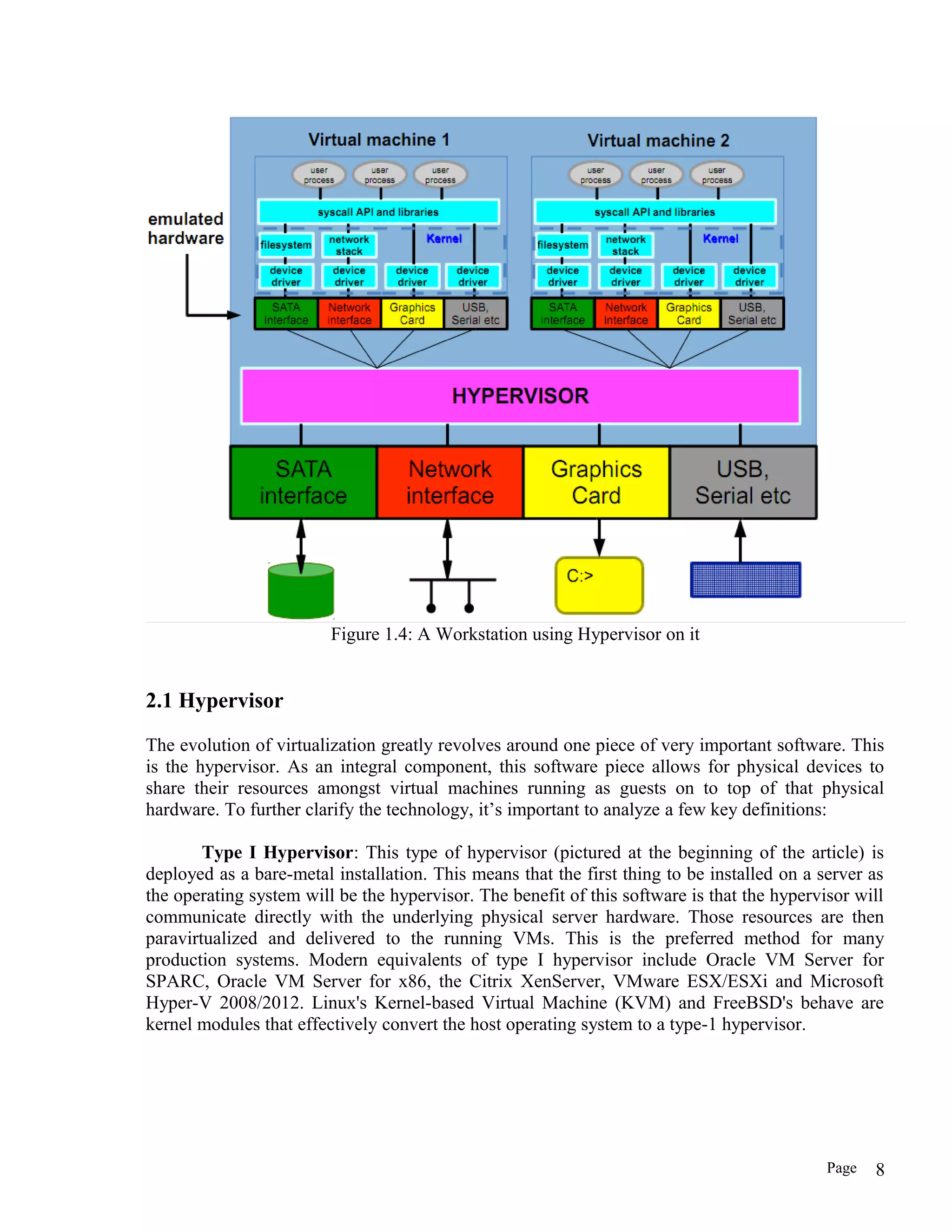 Figure 1.4: A Workstation using Hypervisor on it
2.1 Hypervisor
The evolution of virtualization greatly revolves around one piece of very important software. This
is the hypervisor. As an integral component, this software piece allows for physical devices to
share their resources amongst virtual machines running as guests on to top of that physical
hardware. To further clarify the technology, it’s important to analyze a few key definitions:
Type I Hypervisor: This type of hypervisor (pictured at the beginning of the article) is
deployed as a bare-metal installation. This means that the first thing to be installed on a server as
the operating system will be the hypervisor. The benefit of this software is that the hypervisor will
communicate directly with the underlying physical server hardware. Those resources are then
paravirtualized and delivered to the running VMs. This is the preferred method for many
production systems. Modern equivalents of type I hypervisor include Oracle VM Server for
SPARC, Oracle VM Server for x86, the Citrix XenServer, VMware ESX/ESXi and Microsoft
Hyper-V 2008/2012. Linux's Kernel-based Virtual Machine (KVM) and FreeBSD's behave are
kernel modules that effectively convert the host operating system to a type-1 hypervisor.
Page 8
 