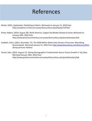 2
Mintel. (2015, September). Marketing to Moms. Retrieved on January 15, 2016 from
http://academic.mintel.com.proxy.library.ohiou.edu/display/716722/
Porter, Robert. (2014, August 28). North America: Largest Toy Market Slowest to Grow. Retrieved on
January 18th, 2016 from
http://www.portal.euromonitor.com.proxy.library.ohiou.edu/portal/analysis/tab
Suddath, Claire. (2015, December 17). The $500 Million Battle Over Disney’s Princesses. Bloomberg
Businessweek. Retrieved January 31, 2016 from http://www.bloomberg.com/features/2015-
disney-princess-hasbro/
Tansel, Utku. (2015, August 11). Strong Demographics Fundamentals Secure Future Growth in Toy Sales.
Retrieved January 18th, 2016 from
http://www.portal.euromonitor.com.proxy.library.ohiou.edu/portal/analysis/tab
 