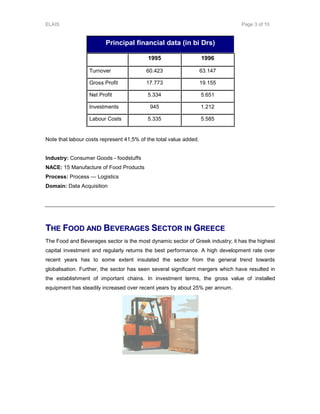 ELAIS Page 3 of 10
Principal financial data (in bi Drs)
1995 1996
Turnover 60.423 63.147
Gross Profit 17.773 19.155
Net Profit 5.334 5.651
Investments 945 1.212
Labour Costs 5.335 5.585
Note that labour costs represent 41,5% of the total value added.
Industry: Consumer Goods - foodstuffs
NACE: 15 Manufacture of Food Products
Process: Process — Logistics
Domain: Data Acquisition
TTHHEE FFOOOODD AANNDD BBEEVVEERRAAGGEESS SSEECCTTOORR IINN GGRREEEECCEE
The Food and Beverages sector is the most dynamic sector of Greek industry; it has the highest
capital investment and regularly returns the best performance. A high development rate over
recent years has to some extent insulated the sector from the general trend towards
globalisation. Further, the sector has seen several significant mergers which have resulted in
the establishment of important chains. In investment terms, the gross value of installed
equipment has steadily increased over recent years by about 25% per annum.
 