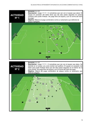96 JUEGOS PARA EL ENTRENAMIENTO INTEGRADO DE LAS ACCIONES COMBINATIVAS EN EL FÚTBOL
13
ACTIVIDAD
Nº 1
- Duración: 4 x 10’
- Descripción: Juego 11:11 + 2 comodines que van con el equipo que ataca. El
equipo en posesión del balón tiene que dar diez pases seguidos en campo
contrario para poder finalizar. Se juega libre de toques y con la norma del fuera
de juego.
- Objetivo: Mejorar el juego combinativo contra un adversario que defiende de
ataque replegado.
ACTIVIDAD
Nº 2
- Duración: 4 x 10’
- Descripción: Juego 11:11 + 2 comodines que van con el equipo que ataca. Se
delimita en el campo una zona central (ver gráfico). El equipo en posesión del
balón para poder finalizar tiene que dar diez pases seguidos en el interior de la
zona central. Se juega libre de toques y con la norma del fuera de juego.
- Objetivo: Mejora del juego combinativo de ataque contra un adversario que
defiende plegado.
 