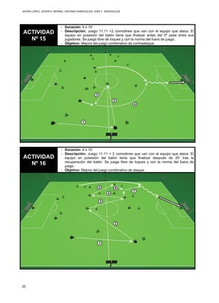 JAVIER LOPEZ, JAVIER A. BERNAL, ANTONIO WANCEULEN, JOSE F. WANCEULEN
20
ACTIVIDAD
Nº 15
- Duración: 4 x 10’
- Descripción: Juego 11:11 +2 comodines que van con el equipo que ataca. El
equipo en posesión del balón tiene que finalizar antes del 5º pase entre sus
jugadores. Se juega libre de toques y con la norma del fuera de juego.
- Objetivo: Mejora del juego combinativo de contraataque.
ACTIVIDAD
Nº 16
- Duración: 4 x 10’
- Descripción: Juego 11:11 + 2 comodines que van con el equipo que ataca. El
equipo en posesión del balón tiene que finalizar después de 20’ tras la
recuperación del balón. Se juega libre de toques y con la norma del fuera de
juego.
- Objetivo: Mejora del juego combinativo de ataque.
 