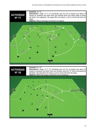 96 JUEGOS PARA EL ENTRENAMIENTO INTEGRADO DE LAS ACCIONES COMBINATIVAS EN EL FÚTBOL
21
ACTIVIDAD
Nº 17
- Duración: 4 x 10’
- Descripción: Juego 11:11 +2 comodines que van con el equipo que ataca. El
equipo en posesión del balón tiene que finalizar tiene que hacer pasar el balón
por todos sus jugadores. Se juega libre de toques y con la norma del fuera de
juego.
- Objetivo: Mejora del juego combinativo de ataque.
ACTIVIDAD
Nº 18
- Duración: 4 x 10’
- Descripción: Juego 11:11 +2 comodines que van con el equipo que ataca. El
equipo en posesión del balón tiene que finalizar antes de 15’’ tras la recuperación
del balón. Se juega libre de toques y con la norma del fuera de juego.
- Objetivo: Mejora del juego combinativo de contraataque.
 