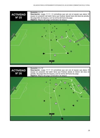 96 JUEGOS PARA EL ENTRENAMIENTO INTEGRADO DE LAS ACCIONES COMBINATIVAS EN EL FÚTBOL
25
ACTIVIDAD
Nº 25
- Duración: 4 x 10’
- Descripción: Juego 11:11 + 2 comodines que van con el equipo que ataca. El
equipo en posesión del balón tiene que finalizar desde fuera del área de penalty.
Se juega libre de toques y con la norma del fuera de juego.
- Objetivo: Mejora del juego combinativo de ataque.
ACTIVIDAD
Nº 26
- Duración: 4 x 10’
- Descripción: Juego 11:11 +2 comodines que van con el equipo que ataca. El
equipo en posesión del balón tiene que finalizar desde el interior del área de
penalty. Se juega libre de toques y con la norma del fuera de juego.
- Objetivo: Mejora del juego combinativo de ataque.
 