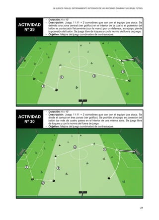 96 JUEGOS PARA EL ENTRENAMIENTO INTEGRADO DE LAS ACCIONES COMBINATIVAS EN EL FÚTBOL
27
ACTIVIDAD
Nº 29
- Duración: 4 x 10’
- Descripción: Juego 11:11 + 2 comodines que van con el equipo que ataca. Se
delimita una zona central (ver gráfico) en el interior de la cual si el poseedor del
balón es contactado físicamente (con la mano) por un defensor, su equipo pierde
la posesión del balón. Se juega libre de toques y con la norma del fuera de juego.
- Objetivo: Mejora del juego combinativo de contraataque.
ACTIVIDAD
Nº 30
- Duración: 4 x 10’
- Descripción: Juego 11:11 + 2 comodines que van con el equipo que ataca. Se
divide el campo en tres zonas (ver gráfico). Se prohíbe al equipo en posesión del
balón dar más de cuatro pases en el interior de una misma zona. Se juega libre
de toques y con la norma del fuera de juego.
- Objetivo: Mejora del juego combinativo de contraataque.
 
