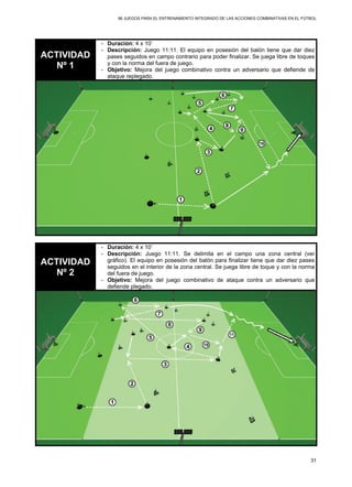 96 JUEGOS PARA EL ENTRENAMIENTO INTEGRADO DE LAS ACCIONES COMBINATIVAS EN EL FÚTBOL
31
ACTIVIDAD
Nº 1
- Duración: 4 x 10’
- Descripción: Juego 11:11. El equipo en posesión del balón tiene que dar diez
pases seguidos en campo contrario para poder finalizar. Se juega libre de toques
y con la norma del fuera de juego.
- Objetivo: Mejora del juego combinativo contra un adversario que defiende de
ataque replegado.
ACTIVIDAD
Nº 2
- Duración: 4 x 10’
- Descripción: Juego 11:11. Se delimita en el campo una zona central (ver
gráfico). El equipo en posesión del balón para finalizar tiene que dar diez pases
seguidos en el interior de la zona central. Se juega libre de toque y con la norma
del fuera de juego.
- Objetivo: Mejora del juego combinativo de ataque contra un adversario que
defiende plegado.
 
