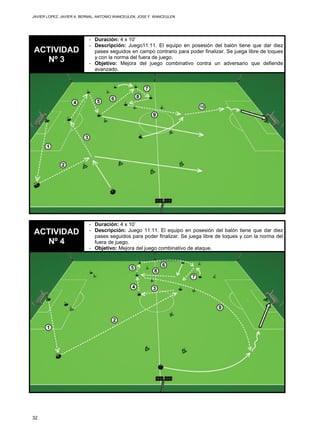 JAVIER LOPEZ, JAVIER A. BERNAL, ANTONIO WANCEULEN, JOSE F. WANCEULEN
32
ACTIVIDAD
Nº 3
- Duración: 4 x 10’
- Descripción: Juego11:11. El equipo en posesión del balón tiene que dar diez
pases seguidos en campo contrario para poder finalizar. Se juega libre de toques
y con la norma del fuera de juego.
- Objetivo: Mejora del juego combinativo contra un adversario que defiende
avanzado.
ACTIVIDAD
Nº 4
- Duración: 4 x 10’
- Descripción: Juego 11:11. El equipo en posesión del balón tiene que dar diez
pases seguidos para poder finalizar. Se juega libre de toques y con la norma del
fuera de juego.
- Objetivo: Mejora del juego combinativo de ataque.
 