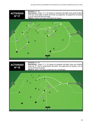 96 JUEGOS PARA EL ENTRENAMIENTO INTEGRADO DE LAS ACCIONES COMBINATIVAS EN EL FÚTBOL
39
ACTIVIDAD
Nº 17
- Duración: 4 x 10’
- Descripción: Juego 11:11. El equipo en posesión del balón para poder finalizar
tiene que hacer pasar el balón por todos sus jugadores. Se juega libre de toques
y con la norma del fuera de juego.
- Objetivo: Mejora del juego combinativo de ataque.
ACTIVIDAD
Nº 18
- Duración: 4 x 10’
- Descripción: Juego 11:11. El equipo en posesión del balón tiene que finalizar
antes de 15’’ tras la recuperación del balón. Se juega libre de toques y con la
norma del fuera de juego.
- Objetivo: Mejora del juego combinativo de contraataque.
 