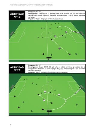 JAVIER LOPEZ, JAVIER A. BERNAL, ANTONIO WANCEULEN, JOSE F. WANCEULEN
40
ACTIVIDAD
Nº 19
- Duración: 4 x 10’
- Descripción: Juego 11:11. El gol vale doble si se produce tras una recuperación
del balón en campo contrario. Se juega libre de toques y con la norma del fuera
de juego.
- Objetivo: Mejora del juego combinativo de ataque.
ACTIVIDAD
Nº 20
- Duración: 4 x 10’
- Descripción: Juego 11:11. El gol sólo es válido si viene precedido de la
recuperación del balón en campo propio. Se juega libre de toques y con la norma
del fuera de juego.
- Objetivo: Mejora del juego combinativo de contraataque.
 