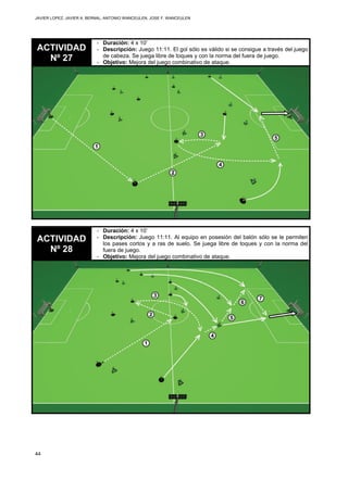 JAVIER LOPEZ, JAVIER A. BERNAL, ANTONIO WANCEULEN, JOSE F. WANCEULEN
44
ACTIVIDAD
Nº 27
- Duración: 4 x 10’
- Descripción: Juego 11:11. El gol sólo es válido si se consigue a través del juego
de cabeza. Se juega libre de toques y con la norma del fuera de juego.
- Objetivo: Mejora del juego combinativo de ataque.
ACTIVIDAD
Nº 28
- Duración: 4 x 10’
- Descripción: Juego 11:11. Al equipo en posesión del balón sólo se le permiten
los pases cortos y a ras de suelo. Se juega libre de toques y con la norma del
fuera de juego.
- Objetivo: Mejora del juego combinativo de ataque.
 