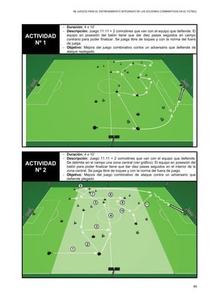 96 JUEGOS PARA EL ENTRENAMIENTO INTEGRADO DE LAS ACCIONES COMBINATIVAS EN EL FÚTBOL
49
ACTIVIDAD
Nº 1
- Duración: 4 x 10’
- Descripción: Juego 11:11 + 2 comodines que van con el equipo que defiende. El
equipo en posesión del balón tiene que dar diez pases seguidos en campo
contrario para poder finalizar. Se juega libre de toques y con la norma del fuera
de juega.
- Objetivo: Mejora del juego combinativo contra un adversario que defiende de
ataque replegado.
ACTIVIDAD
Nº 2
- Duración: 4 x 10’
- Descripción: Juego 11:11 + 2 comodines que van con el equipo que defiende.
Se delimita en el campo una zona central (ver gráfico). El equipo en posesión del
balón para poder finalizar tiene que dar diez pases seguidos en el interior de la
zona central. Se juega libre de toques y con la norma del fuera de juego.
- Objetivo: Mejora del juego combinativo de ataque contra un adversario que
defiende plegado.
 