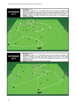 JAVIER LOPEZ, JAVIER A. BERNAL, ANTONIO WANCEULEN, JOSE F. WANCEULEN
50
ACTIVIDAD
Nº 3
- Duración: 4 x 10’
- Descripción: Juego 11:11 + 2 comodines que van con el equipo que defiende. El
equipo en posesión del balón tiene que dar diez pases seguidos en campo propio
para poder finalizar. Se juega libre de toques y con la norma del fuera de juego.
- Objetivo: Mejora del juego combinativo de ataque contra un adversario que
defiende avanzado.
ACTIVIDAD
Nº 4
- Duración: 4 x 10’
- Descripción: Juego 11:11 +2 comodines que van con el equipo que defiende. El
equipo en posesión del balón para poder finalizar tiene que dar diez pases
seguidos en el interior de la zona central. Se juega libre de toques y con la norma
del fuera de juego.
- Objetivo: Mejora del juego combinativo de ataque.
 