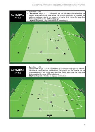 96 JUEGOS PARA EL ENTRENAMIENTO INTEGRADO DE LAS ACCIONES COMBINATIVAS EN EL FÚTBOL
55
ACTIVIDAD
Nº 13
- Duración: 4 x 10’
- Descripción: Juego 11:11 +2 comodines que van con el equipo que defiende. Se
delimita en el campo una zona central (ver gráfico). El equipo en posesión del
balón no puede dar más de tres pases en el interior de la misma. Se juega libre
de toques y con la norma del fuera de juego.
- Objetivo: Mejora del juego combinativo de contraataque.
ACTIVIDAD
Nº 14
- Duración: 4 x 10’
- Descripción: Juego 11:11 + 2 comodines que van con el equipo que defiende.
Se divide el campo en tres zonas iguales (ver gráfico). En las zonas A y C los
jugadores juegan a dos toques y en la zona B juegan a un toque. Se juega libre
de toques y con la norma del fuera de juego.
- Objetivo: Mejora la velocidad en el juego combinativo.
 