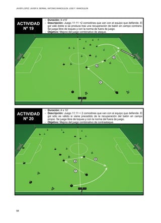 JAVIER LOPEZ, JAVIER A. BERNAL, ANTONIO WANCEULEN, JOSE F. WANCEULEN
58
ACTIVIDAD
Nº 19
- Duración: 4 x10’
- Descripción: Juego 11:11 +2 comodines que van con el equipo que defiende. El
gol vale doble si se produce tras una recuperación de balón en campo contrario.
Se juega libre de toques y con la norma de fuera de juego.
- Objetivo: Mejora del juego combinativo de ataque.
ACTIVIDAD
Nº 20
- Duración: 4 x 10’
- Descripción: Juego 11:11 + 2 comodines que van con el equipo que defiende. El
gol sólo es válido si viene precedido de la recuperación del balón en campo
propio. Se juega libre de toques y con la norma del fuera de juego.
- Objetivo: Mejora del juego combinativo de contraataque.
 