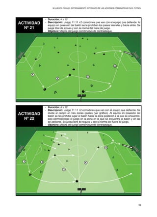 96 JUEGOS PARA EL ENTRENAMIENTO INTEGRADO DE LAS ACCIONES COMBINATIVAS EN EL FÚTBOL
59
ACTIVIDAD
Nº 21
- Duración: 4 x 10’
- Descripción: Juego 11:11 +2 comodines que van con el equipo que defiende. Al
equipo en posesión del balón se le prohíben los pases laterales y hacia atrás. Se
juega libre de toques y con la norma del fuera de juego.
- Objetivo: Mejora del juego combinativo de contraataque.
ACTIVIDAD
Nº 22
- Duración: 4 x 10’
- Descripción: Juego 11:11 +2 comodines que van con el equipo que defiende. Se
divide el campo en tres zonas iguales (ver gráfico). Al equipo en posesión del
balón se les prohíbe jugar el balón hacia la zona posterior a la que se encuentre,
sólo permitiéndose el juego en la zona en la que se encuentra el balón y en las
de adelante. Se juega libre de toques y con la norma del fuera de juego.
- Objetivo: Mejora del juego combinativo de contraataque.
 