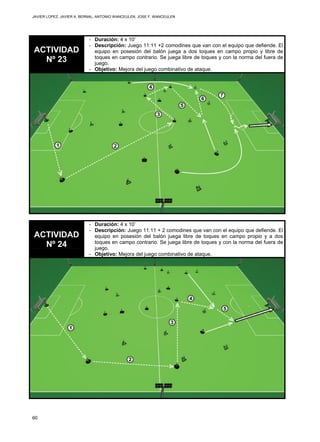 JAVIER LOPEZ, JAVIER A. BERNAL, ANTONIO WANCEULEN, JOSE F. WANCEULEN
60
ACTIVIDAD
Nº 23
- Duración: 4 x 10’
- Descripción: Juego 11:11 +2 comodines que van con el equipo que defiende. El
equipo en posesión del balón juega a dos toques en campo propio y libre de
toques en campo contrario. Se juega libre de toques y con la norma del fuera de
juego.
- Objetivo: Mejora del juego combinativo de ataque.
ACTIVIDAD
Nº 24
- Duración: 4 x 10’
- Descripción: Juego 11:11 + 2 comodines que van con el equipo que defiende. El
equipo en posesión del balón juega libre de toques en campo propio y a dos
toques en campo contrario. Se juega libre de toques y con la norma del fuera de
juego.
- Objetivo: Mejora del juego combinativo de ataque.
 