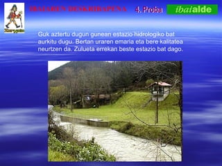 4. Proba Guk aztertu dugun gunean estazio hidrologiko bat aurkitu dugu. Bertan uraren emaria eta bere kalitatea neurtzen da. Zulueta errekan beste estazio bat dago. IBAIAREN DESKRIBAPENA 