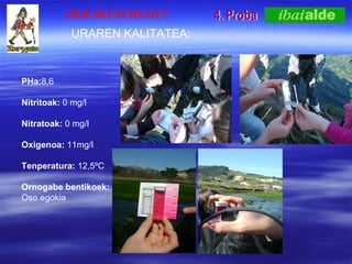 4. Proba PHa: 8,6 Nitritoak:  0 mg/l Nitratoak:  0 mg/l Oxigenoa:  11mg/l Tenperatura:  12,5?C Ornogabe bentikoek:  Oso egokia URAREN KALITATEA: ZER IKUSI DUGU? 