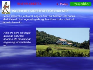 4. Proba HAUSNARKETA INGURUKO JARDUEREI DAGOKIENEZ Lehen sektoreko jarduerak nagusi dira Lea ibarrean, eta honek ahalbidetu du ibai inguruak garbi egotea (ibaiertzeko zuhaitzak, larreak, basoak) Hala ere gero eta gazte gutxiago dabil lan hauetan eta etorkizunari begira lagundu beharko da 
